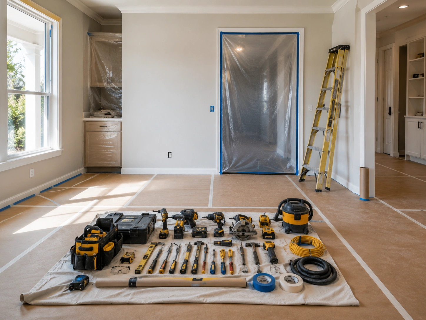 Clean and organized BECEL Construction job site with floor protection