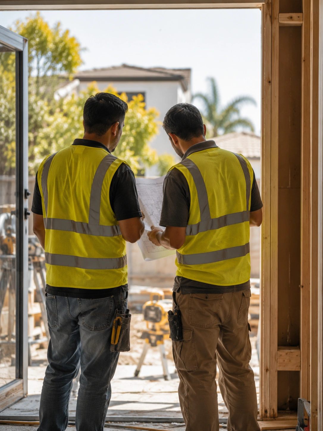 BECEL Construction team reviewing plans at a job site