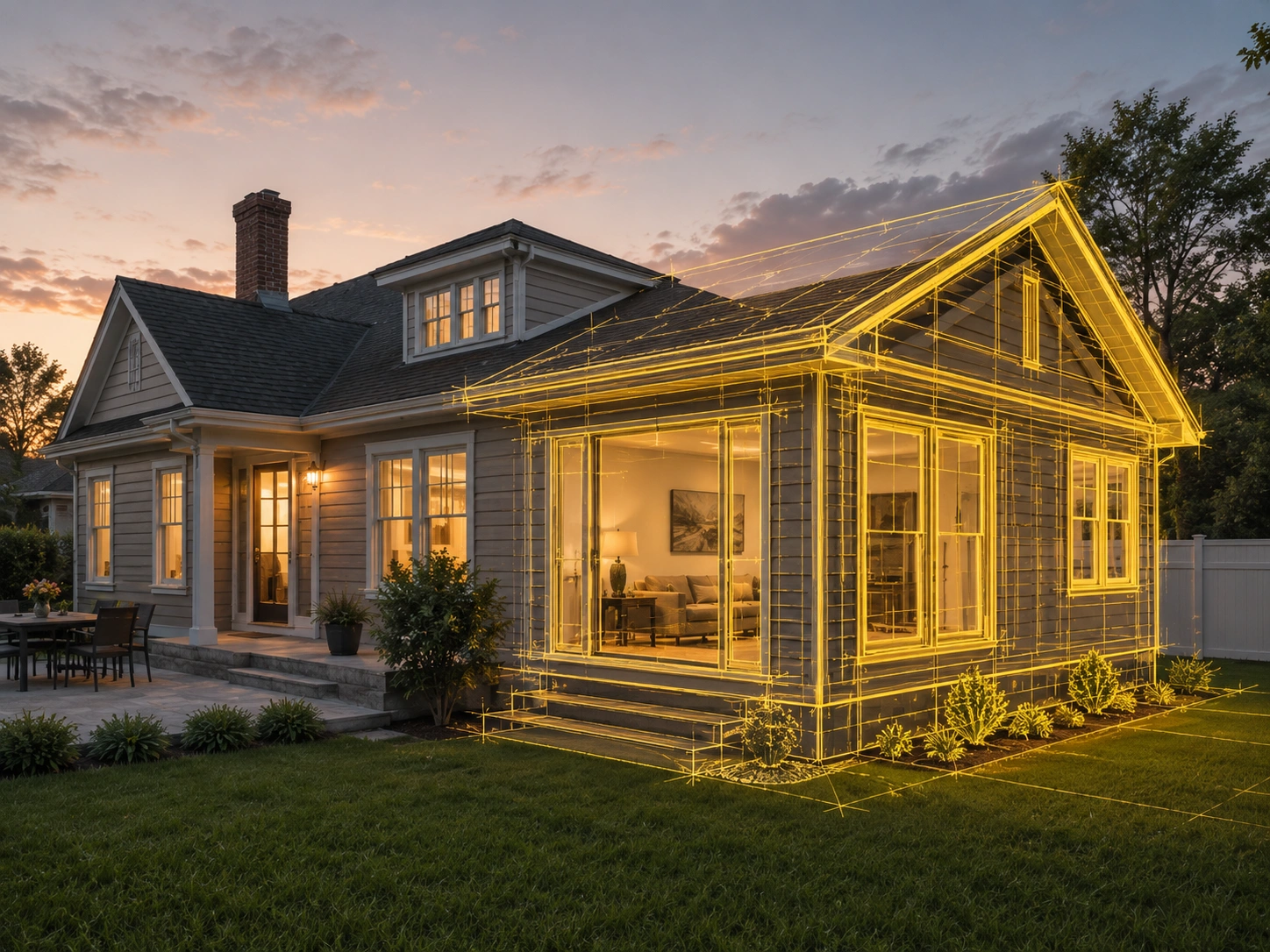 Home exterior with sketched addition overlay