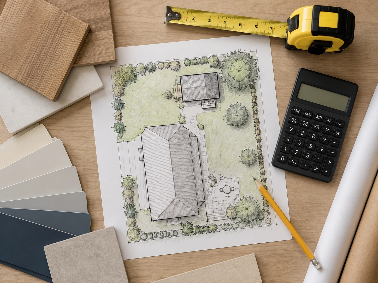 ADU planning materials including site plan and tape measure