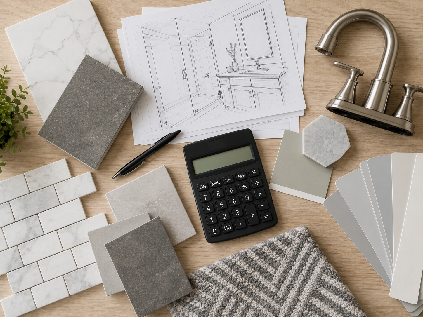 Bathroom remodel planning with tile samples and floor plans