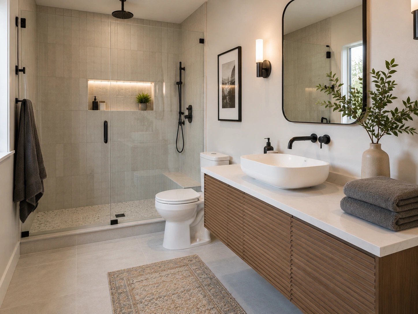 Bathroom rebuild with custom tile shower and floating vanity