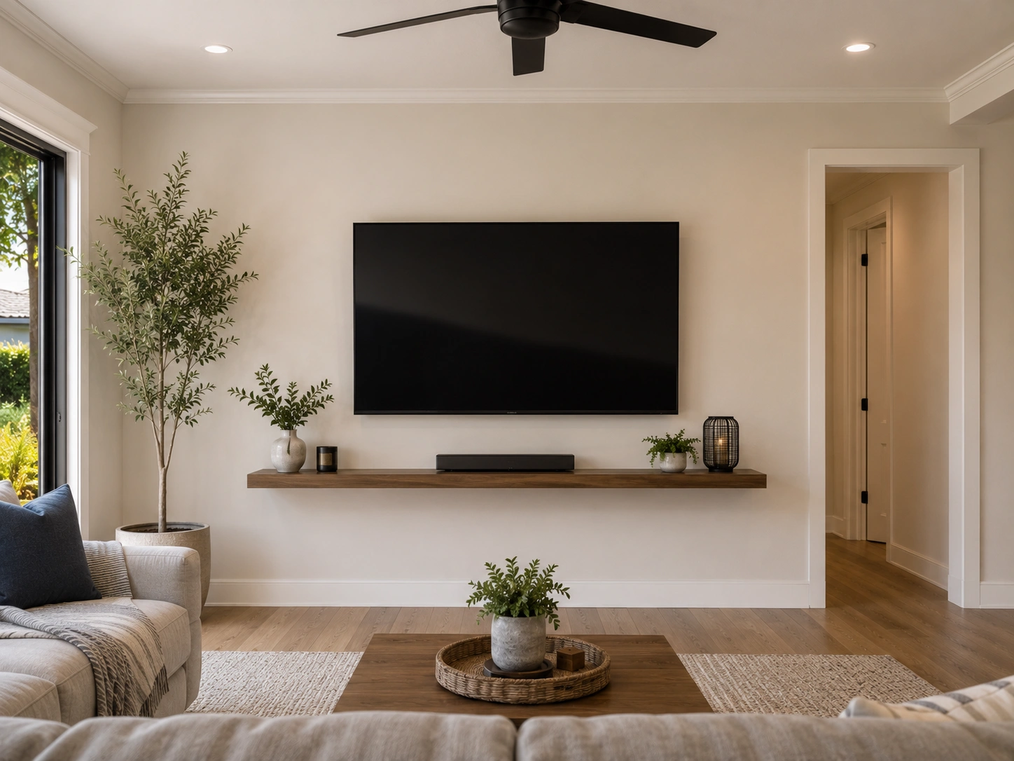 Living room after handyman visit with mounted TV and shelf